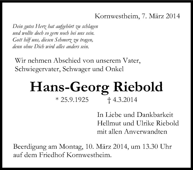  Traueranzeige für Hans-Georg Riebold vom 07.03.2014 aus Stuttgarter Zeitung / Stuttgarter Nachrichten