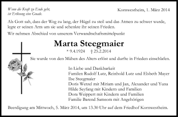 Traueranzeige von Marta Steegmaier von Stuttgarter Zeitung / Stuttgarter Nachrichten