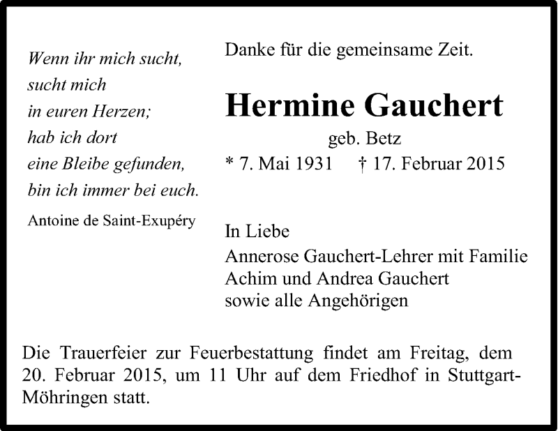  Traueranzeige für Hermine Gauchert vom 18.02.2015 aus Stuttgarter Zeitung / Stuttgarter Nachrichten