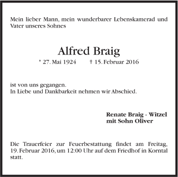 Traueranzeige von Alfred Braig von Stuttgarter Zeitung / Stuttgarter Nachrichten