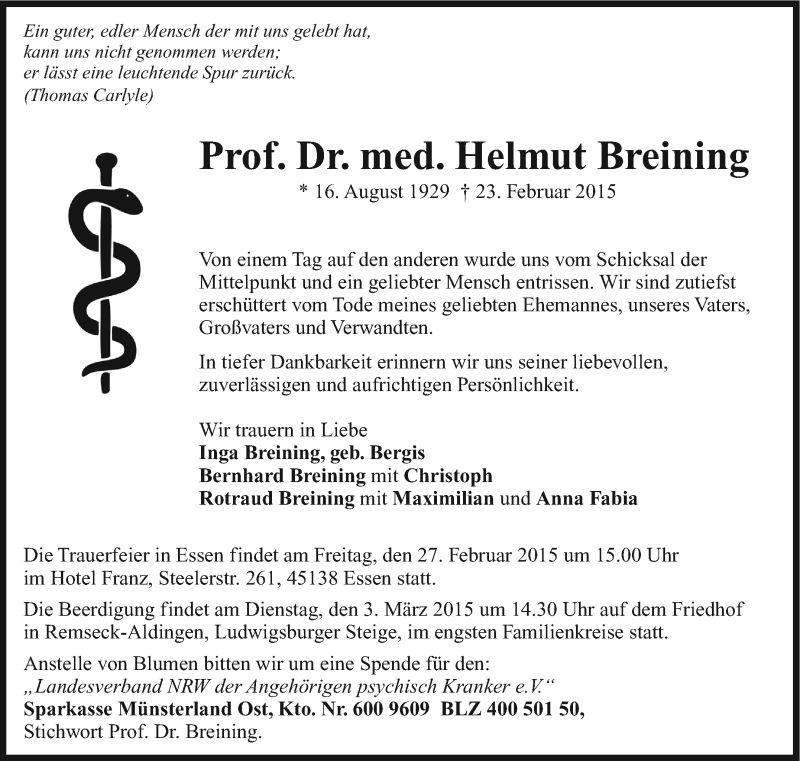  Traueranzeige für Helmut Breining vom 26.02.2015 aus Stuttgarter Zeitung / Stuttgarter Nachrichten