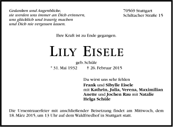 Traueranzeige von Lily Eisele von Stuttgarter Zeitung / Stuttgarter Nachrichten