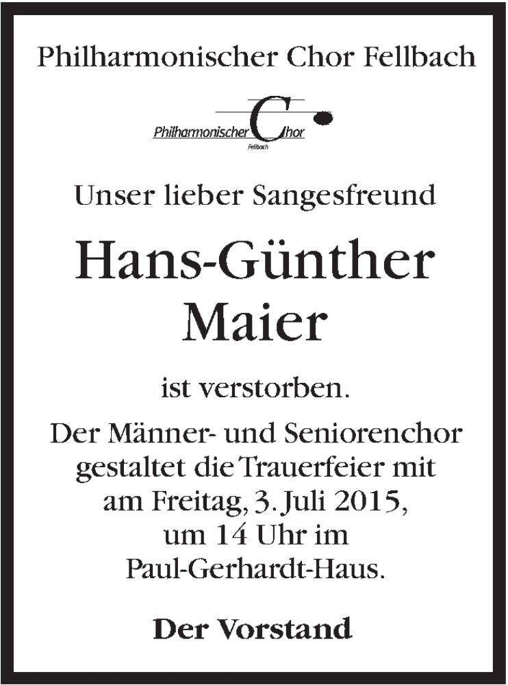  Traueranzeige für Hans-Günther Maier vom 01.07.2015 aus Stuttgarter Zeitung / Stuttgarter Nachrichten