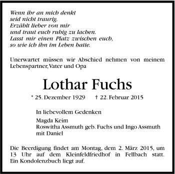 Traueranzeige von Lothar Fuchs von Stuttgarter Zeitung / Stuttgarter Nachrichten