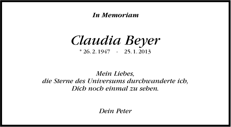  Traueranzeige für Claudia Beyer vom 24.01.2015 aus Stuttgarter Zeitung / Stuttgarter Nachrichten