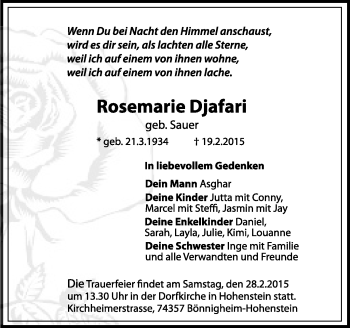 Traueranzeige von Rosemarie Djafari von Stuttgarter Zeitung / Stuttgarter Nachrichten