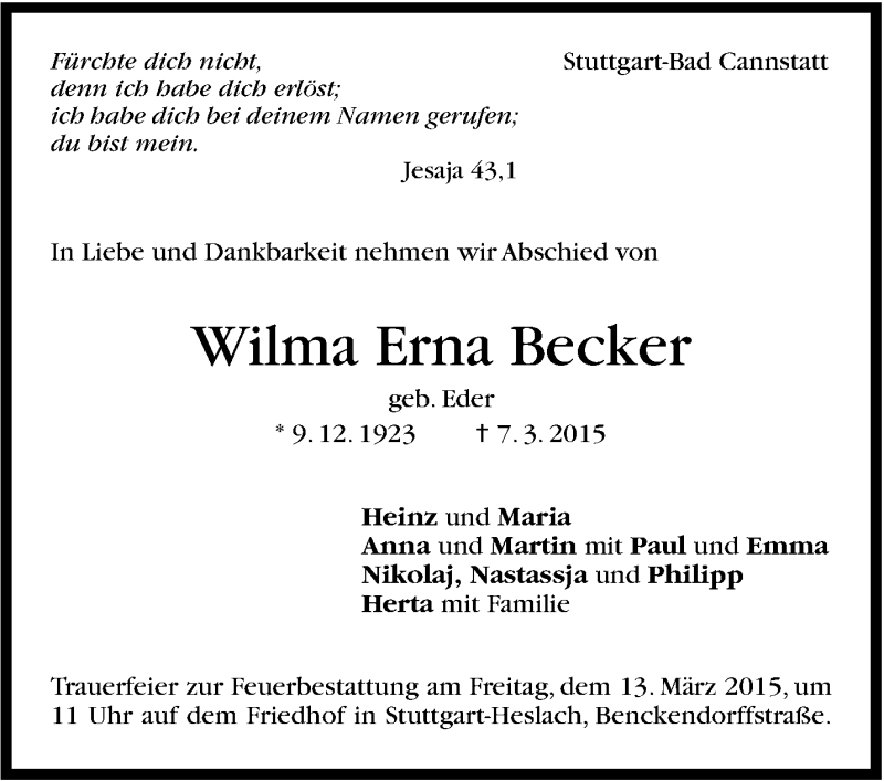  Traueranzeige für Wilma Erna Becker vom 11.03.2015 aus Stuttgarter Zeitung / Stuttgarter Nachrichten