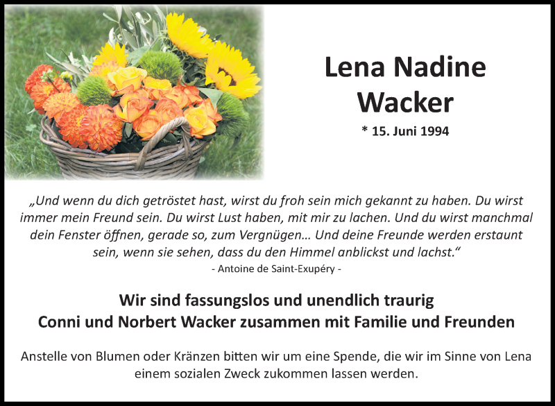  Traueranzeige für Lena Nadine Wacker vom 15.09.2015 aus Stuttgarter Zeitung / Stuttgarter Nachrichten