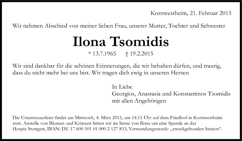  Traueranzeige für Ilona Tsomidis vom 21.02.2015 aus Stuttgarter Zeitung / Stuttgarter Nachrichten