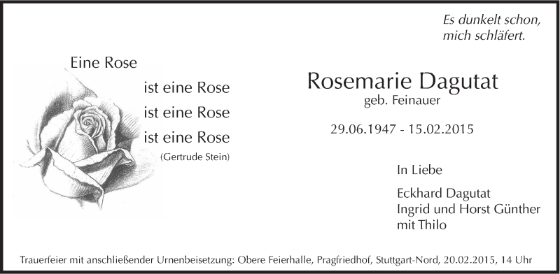  Traueranzeige für Rosemarie Dagutat vom 17.02.2015 aus Stuttgarter Zeitung / Stuttgarter Nachrichten