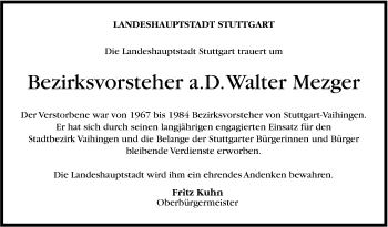 Traueranzeige von Walter Mezger von Stuttgarter Zeitung / Stuttgarter Nachrichten