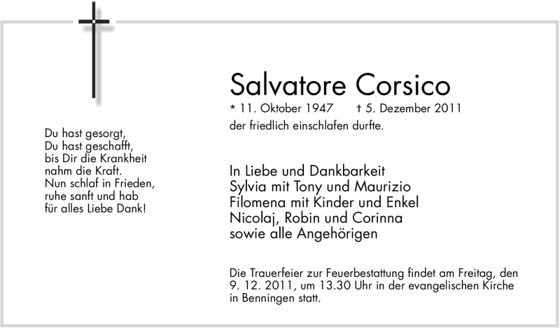  Traueranzeige für Salvatore Corsico vom 07.12.2011 aus Marbacher Zeitung