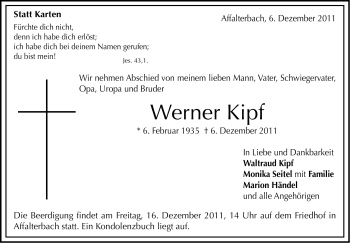 Traueranzeige von Werner Kipf von Marbacher Zeitung