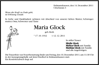 Traueranzeige von Maria Glock von Marbacher Zeitung