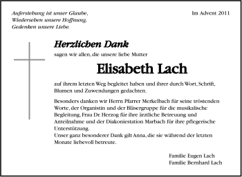 Traueranzeige von Elisabeth Lach von Marbacher Zeitung
