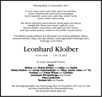 Traueranzeige von Leonhard Kloiber von Marbacher Zeitung