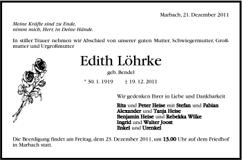 Traueranzeige von Edith Löhrke von Marbacher Zeitung
