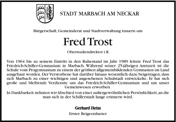 Traueranzeige von Fred Trost von Marbacher Zeitung