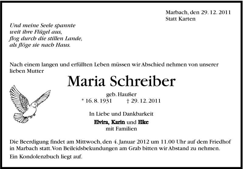  Traueranzeige für Maria Schreiber vom 02.01.2012 aus Marbacher Zeitung