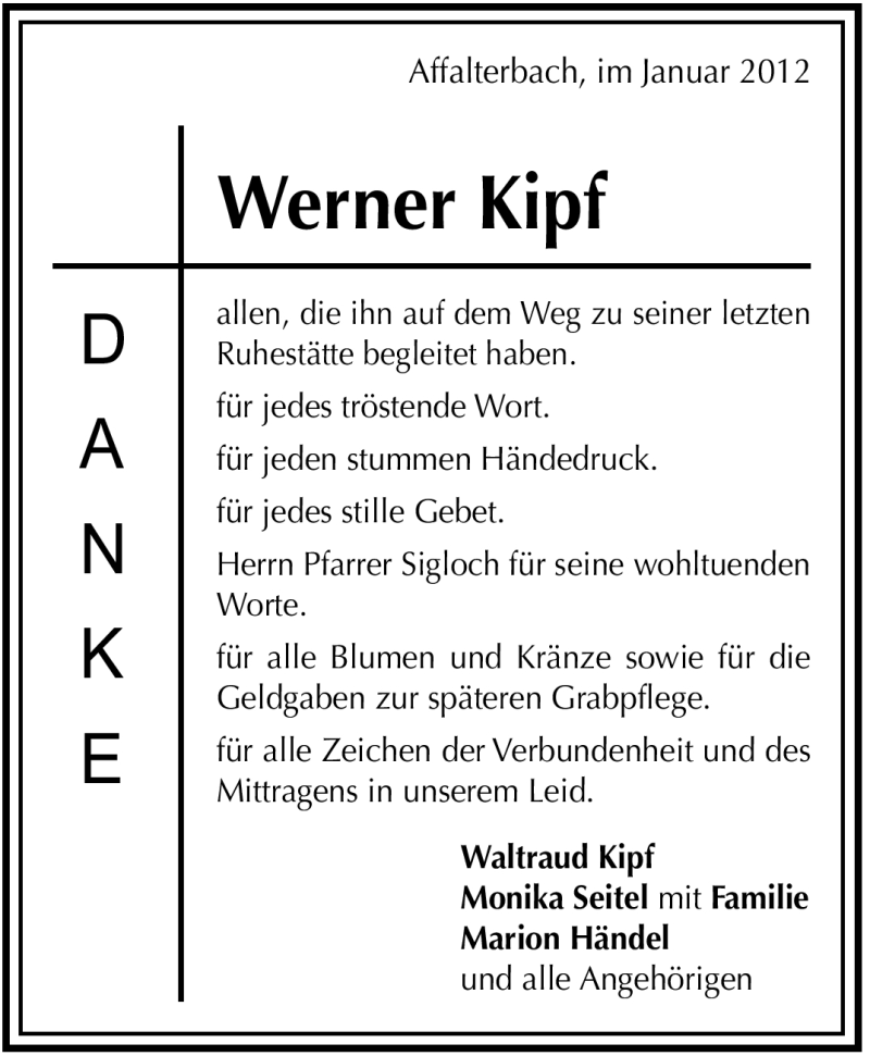  Traueranzeige für Werner Kipf vom 02.01.2012 aus Marbacher Zeitung