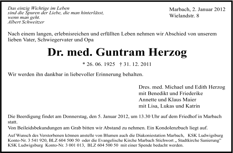  Traueranzeige für Guntram Herzog vom 02.01.2012 aus Marbacher Zeitung