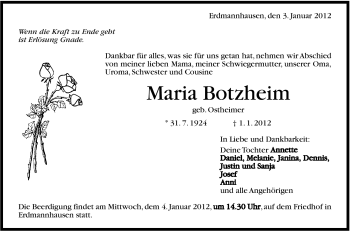 Traueranzeige von Maria Botzheim von Marbacher Zeitung
