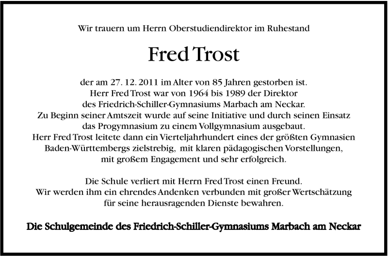  Traueranzeige für Fred Trost vom 03.01.2012 aus Marbacher Zeitung