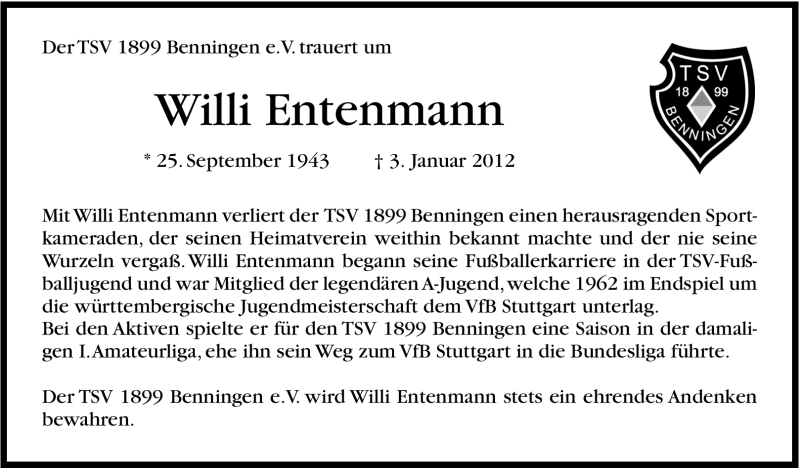  Traueranzeige für Willi Entenmann vom 05.01.2012 aus Stuttgarter Zeitung / Stuttgarter Nachrichten