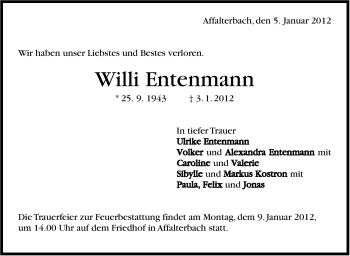 Traueranzeige von Willi Entenmann von Marbacher Zeitung