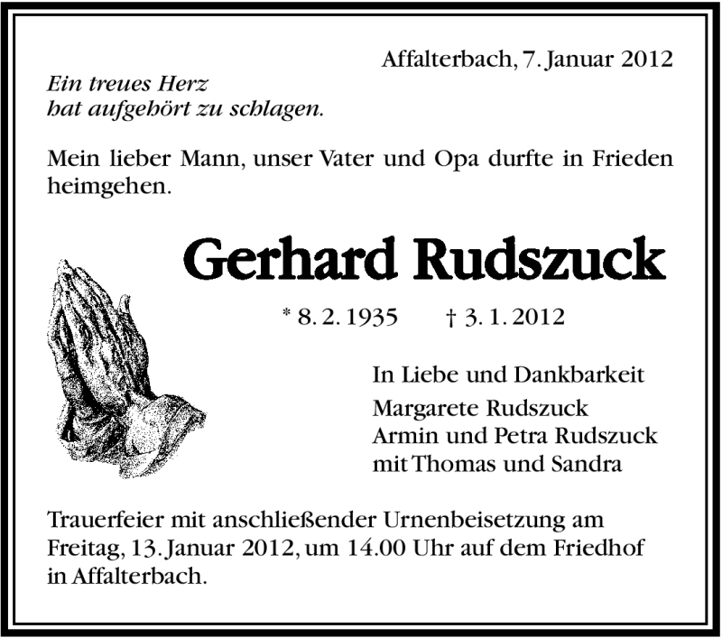  Traueranzeige für Gerhard Rudszuck vom 07.01.2012 aus Marbacher Zeitung