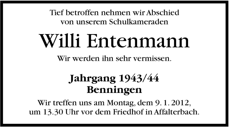  Traueranzeige für Willi Entenmann vom 07.01.2012 aus Stuttgarter Zeitung / Stuttgarter Nachrichten