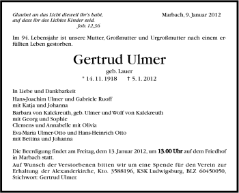 Traueranzeige von Gertrud Ulmer von Marbacher Zeitung