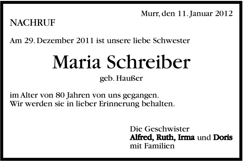  Traueranzeige für Maria Schreiber vom 11.01.2012 aus Marbacher Zeitung