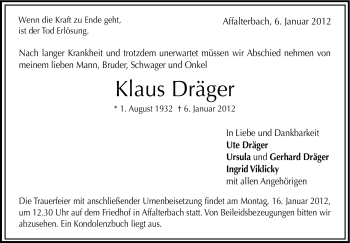 Traueranzeige von Klaus Dräger von Marbacher Zeitung