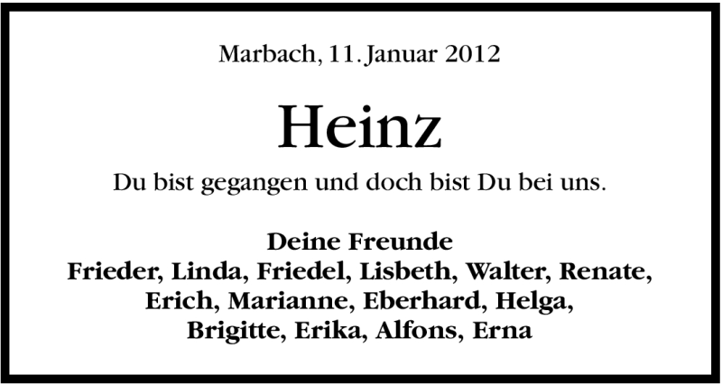  Traueranzeige für Heinz  vom 11.01.2012 aus Marbacher Zeitung