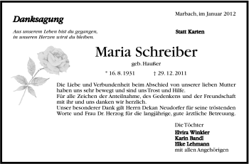 Traueranzeige von Maria Schreiber von Marbacher Zeitung
