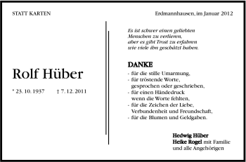 Traueranzeige von Rolf Hüber von Marbacher Zeitung