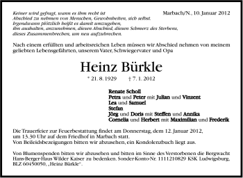 Traueranzeige von Heinz Bürkle von Marbacher Zeitung