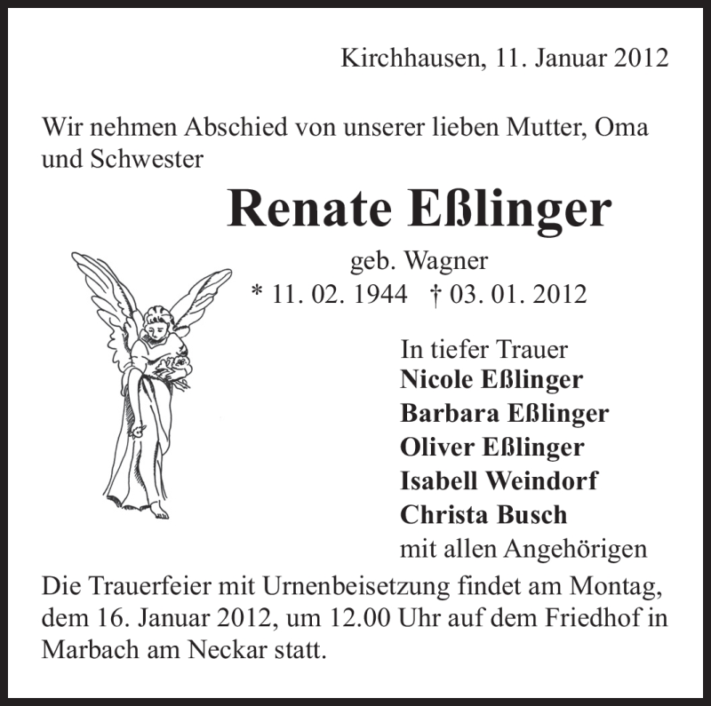  Traueranzeige für Renate Esslinger vom 11.01.2012 aus Marbacher Zeitung