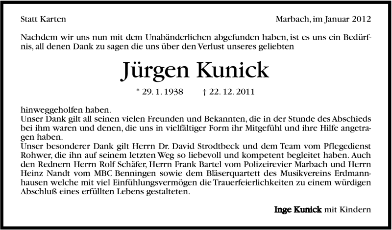  Traueranzeige für Jürgen Kunick vom 18.01.2012 aus Marbacher Zeitung
