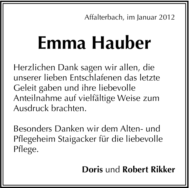  Traueranzeige für Emma Hauber vom 28.01.2012 aus Marbacher Zeitung