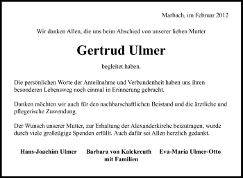 Traueranzeige von Gertrud Ulmer von Marbacher Zeitung