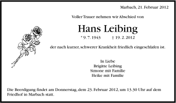 Traueranzeige von Hans Leibing von Marbacher Zeitung