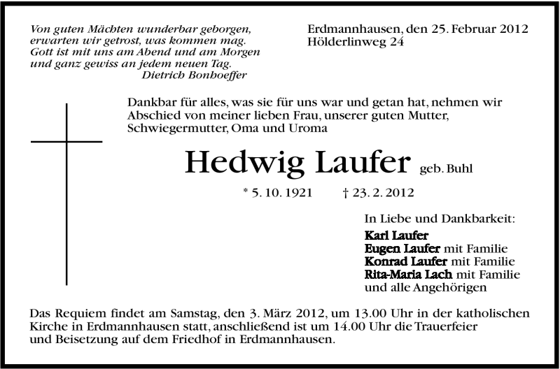  Traueranzeige für Hedwig Laufer vom 25.02.2012 aus Stuttgarter Zeitung / Stuttgarter Nachrichten