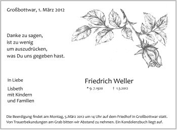 Traueranzeige von Friedrich Weller von Stuttgarter Zeitung / Stuttgarter Nachrichten