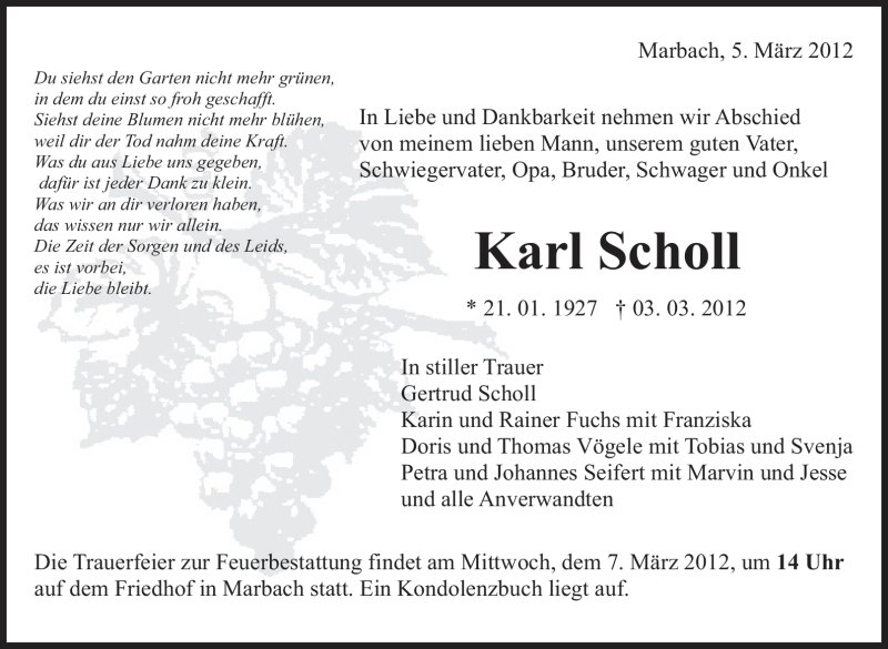  Traueranzeige für Karl Scholl vom 05.03.2012 aus Marbacher Zeitung