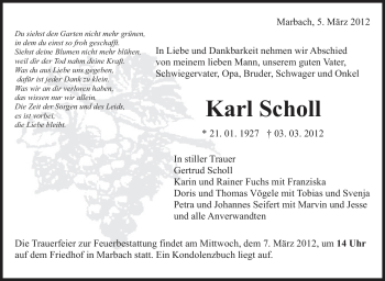 Traueranzeige von Karl Scholl von Marbacher Zeitung