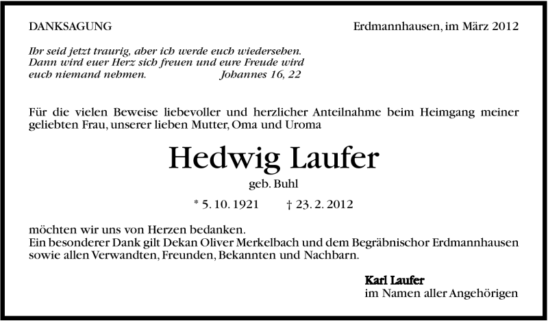  Traueranzeige für Hedwig Laufer vom 10.03.2012 aus Stuttgarter Zeitung / Stuttgarter Nachrichten