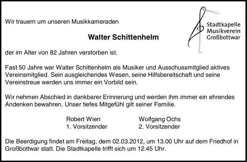  Traueranzeige für Walter Schittenhelm vom 01.03.2012 aus Marbacher Zeitung