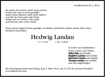 Traueranzeige von Hedwig Landau von Stuttgarter Zeitung / Stuttgarter Nachrichten